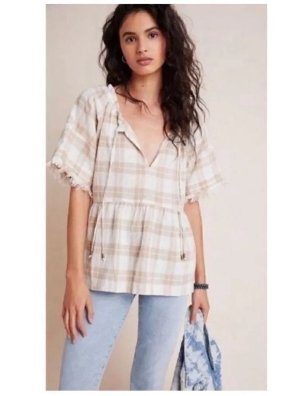Pilcro Anthropologie Bette Beige Plaid Babydoll Linen Blouse Top size S